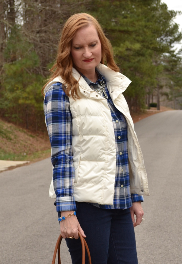 Trendy Wednesday Link Up #6: Blue Plaid + White Puffer Vest - Classy ...