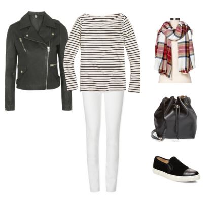 leather jacket - striped top - white jeans