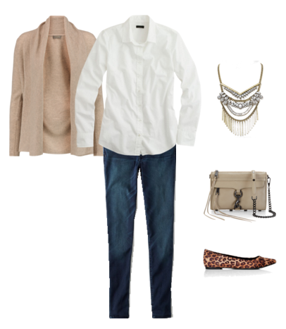 3 white shirt - taupe cardigan - jeans