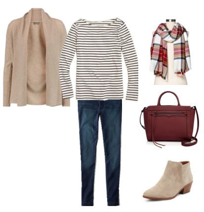taupe cardigan - striped top - jeans