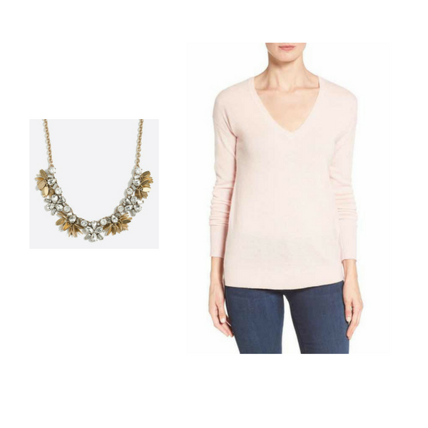 V Neck Sweater with Statement Necklace