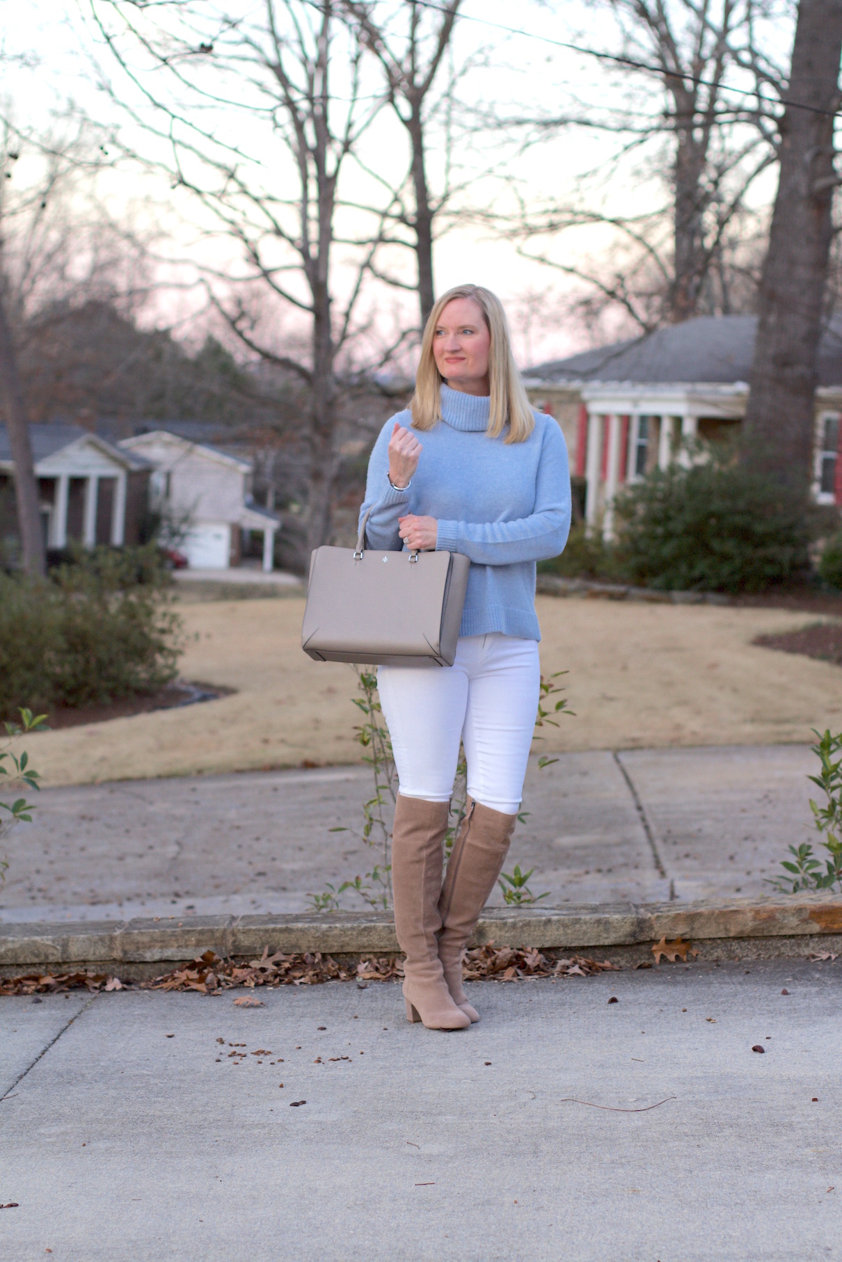 Brown Cardigan, White Dress + Brown OTK Boots