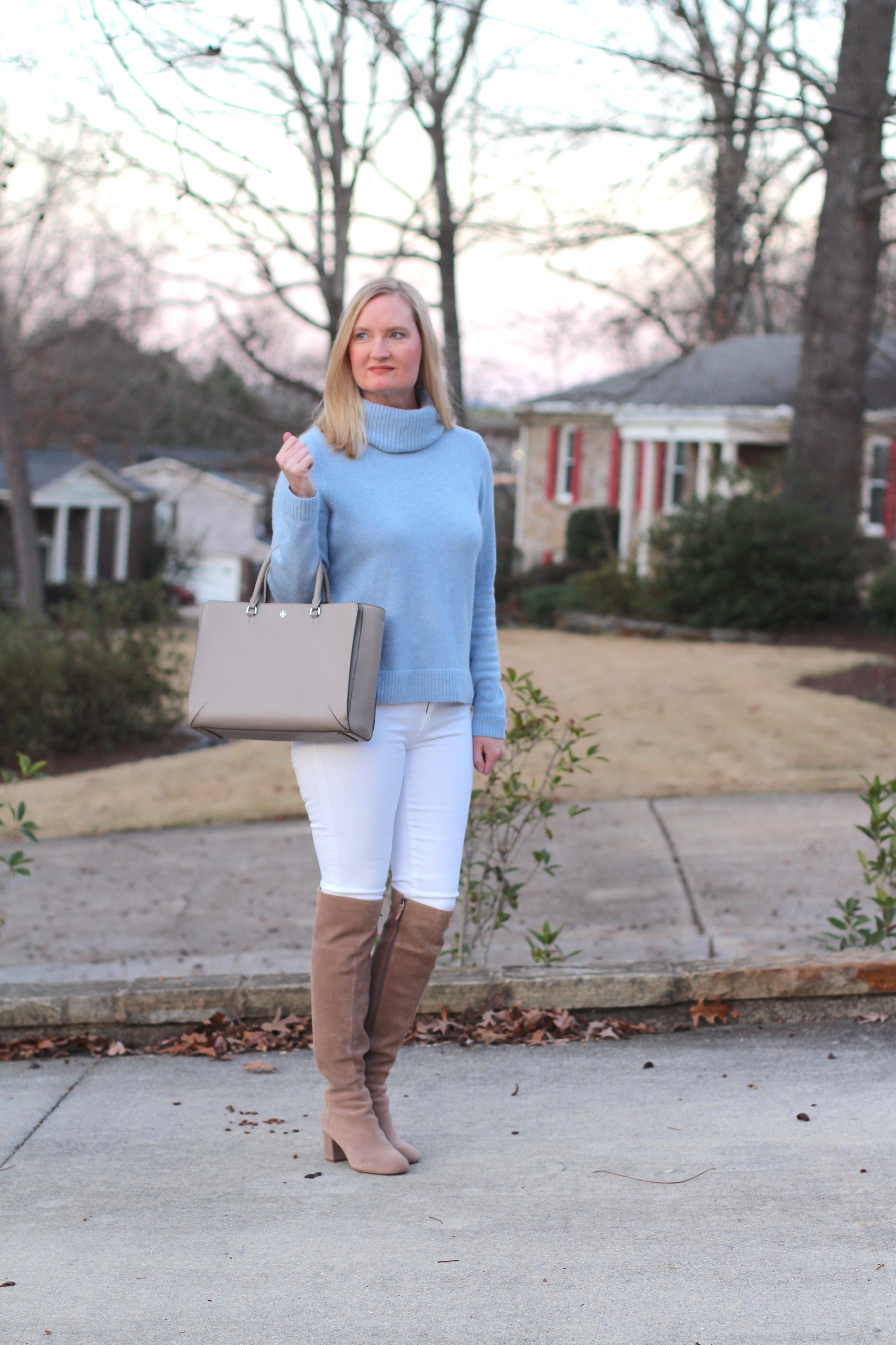 Brown Cardigan, White Dress + Brown OTK Boots