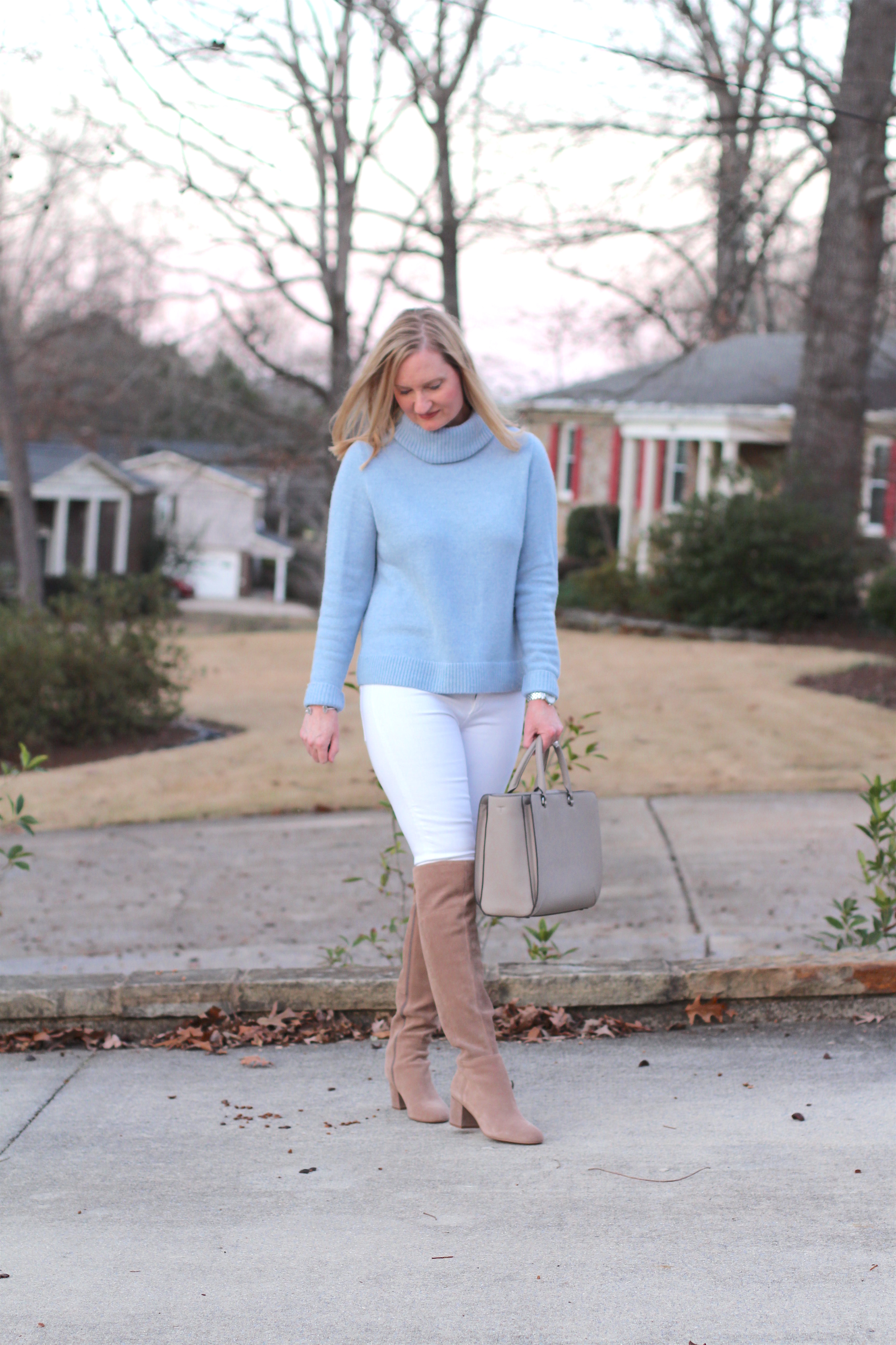 Easy Way To Wear Winter White Denim + How To Keep OTK Boots Up