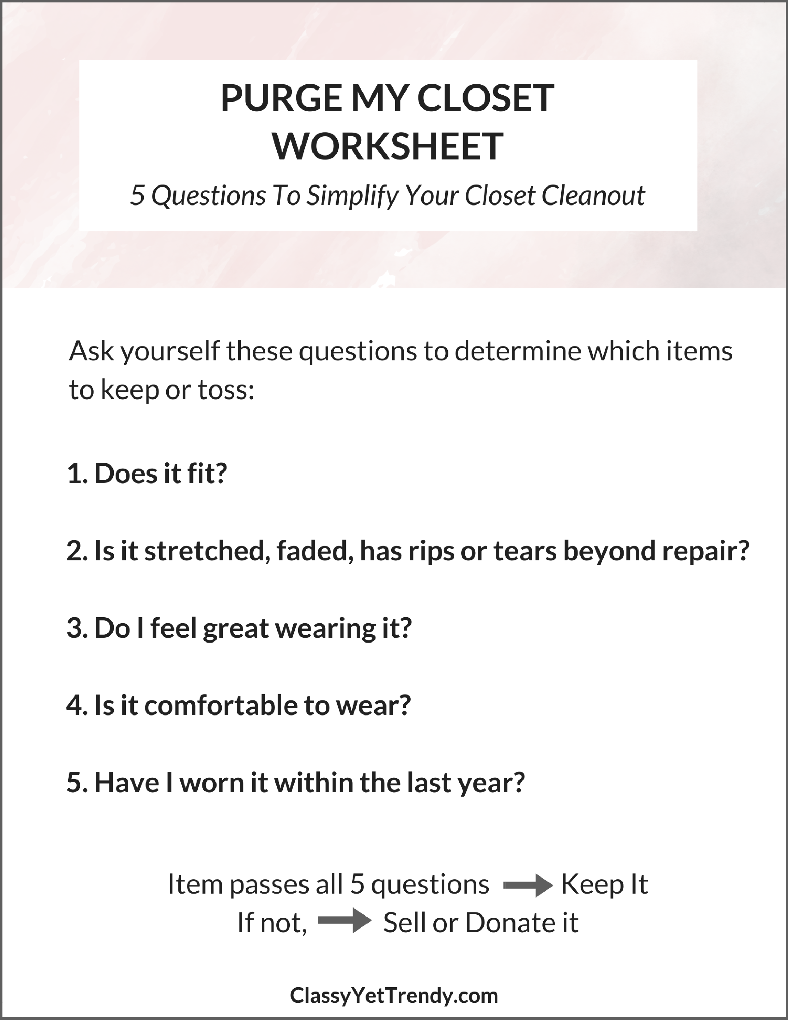 PURGE MY CLOSET WORKSHEET