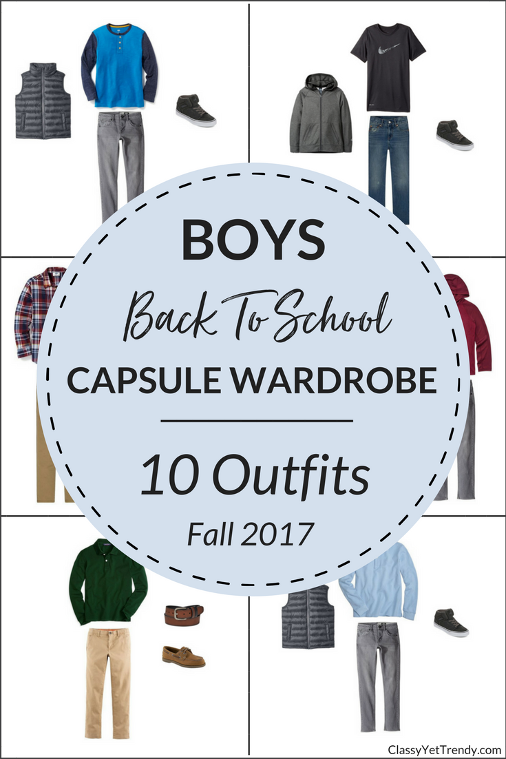 Boys Back To School Capsule Wardrobe: 10 Fall Outfits - Boy's Capsule Wardrobe - Fall 2017 - A NEW e-Book of the FALL season has been released and is the e-Book Store! With this Back To School collection, your son, grandson or nephew can get dressed quickly and look great! Just 20 clothes and shoes can make 100 outfit ideas. Includes a step-by-step guide to creating a boy's capsule wardrobe, a packing guide, a checklist and more. Transform a boy's closet so he can look fabulous!