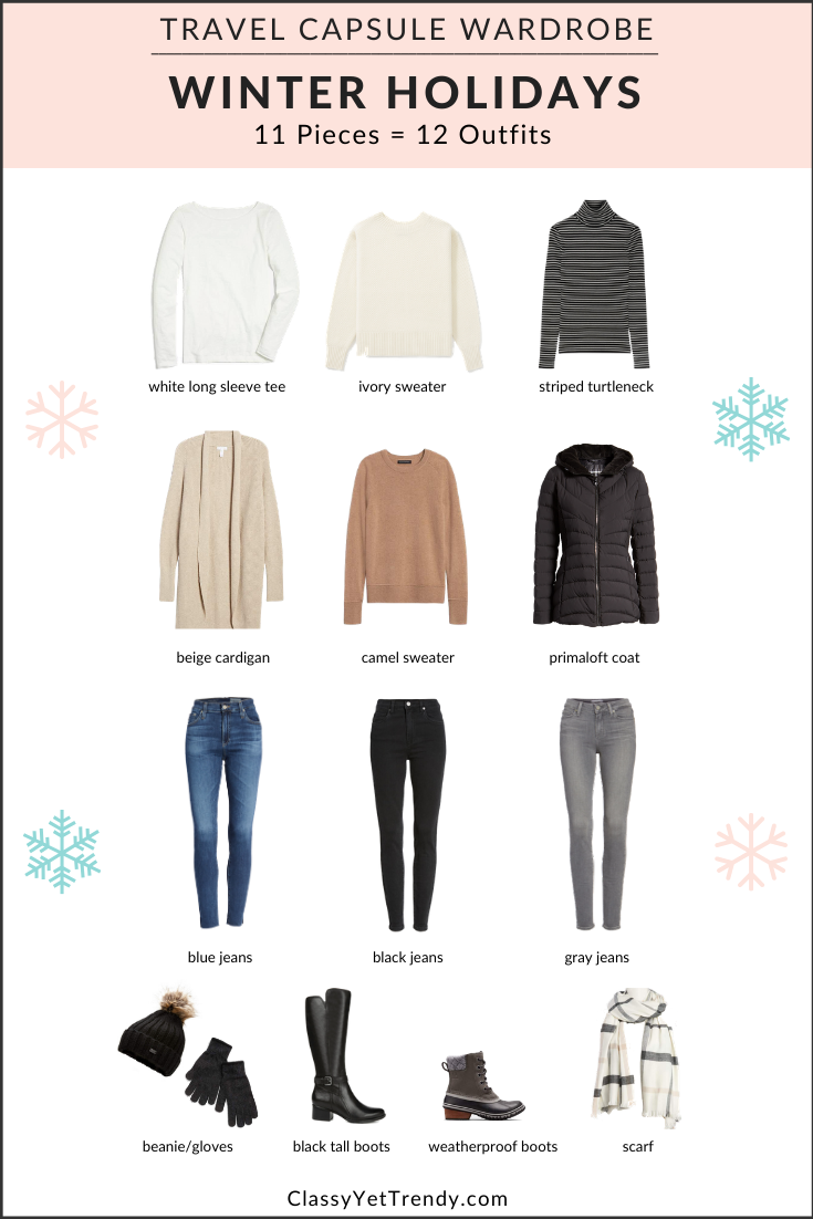 Winter Holidays Travel Capsule Wardrobe: 11 Pieces = 12 Outfits
