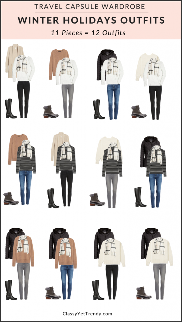 Winter Holidays Travel Capsule Wardrobe: 11 Pieces = 12 Outfits