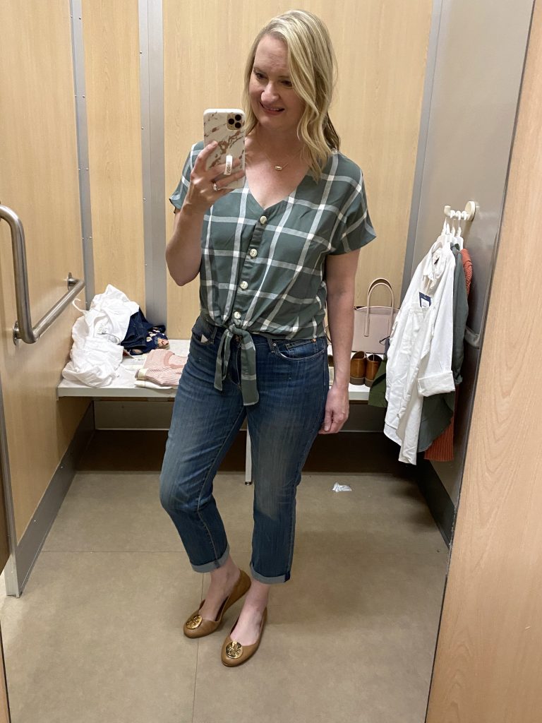 Target-Dressing-Room-Try-On-Feb-2020-2-green-tie-top-slim-jeans