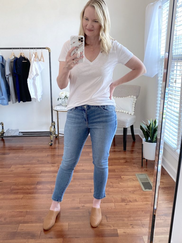 J-Crew-Factory-Nordstrom-Try-On-March-2020-white-tee-light-wash-jeans-nisolo-mules