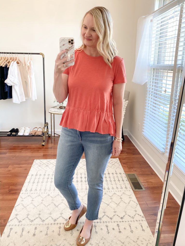 Loft-Target-Red-Dress-Boutique-Try-On-coral-peplum-top-light-wash-skinny-jeans
