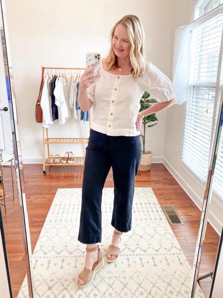 Everlane-Eileen-Fisher-Grayson-Try-On-Session-Apr-2020-linen-puff-sleeve-top-black-pants-espadrilles