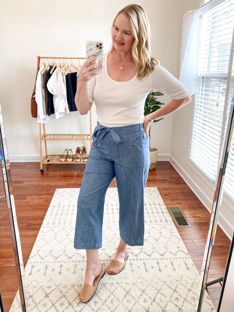 Everlane Eileen Fisher Grayson Try On Session Apr 2020 - scoop neck white tee chambray pants