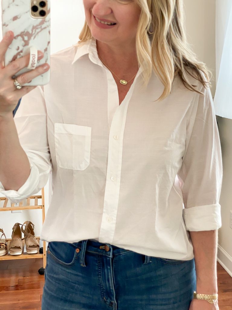 Everlane Eileen Fisher Grayson Try On Session Apr 2020 - white shirt closeup
