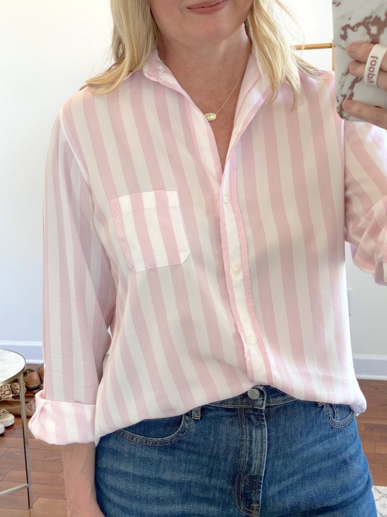 Grayson Shirts Try-On Review - Elizabeth pink stripe closeup