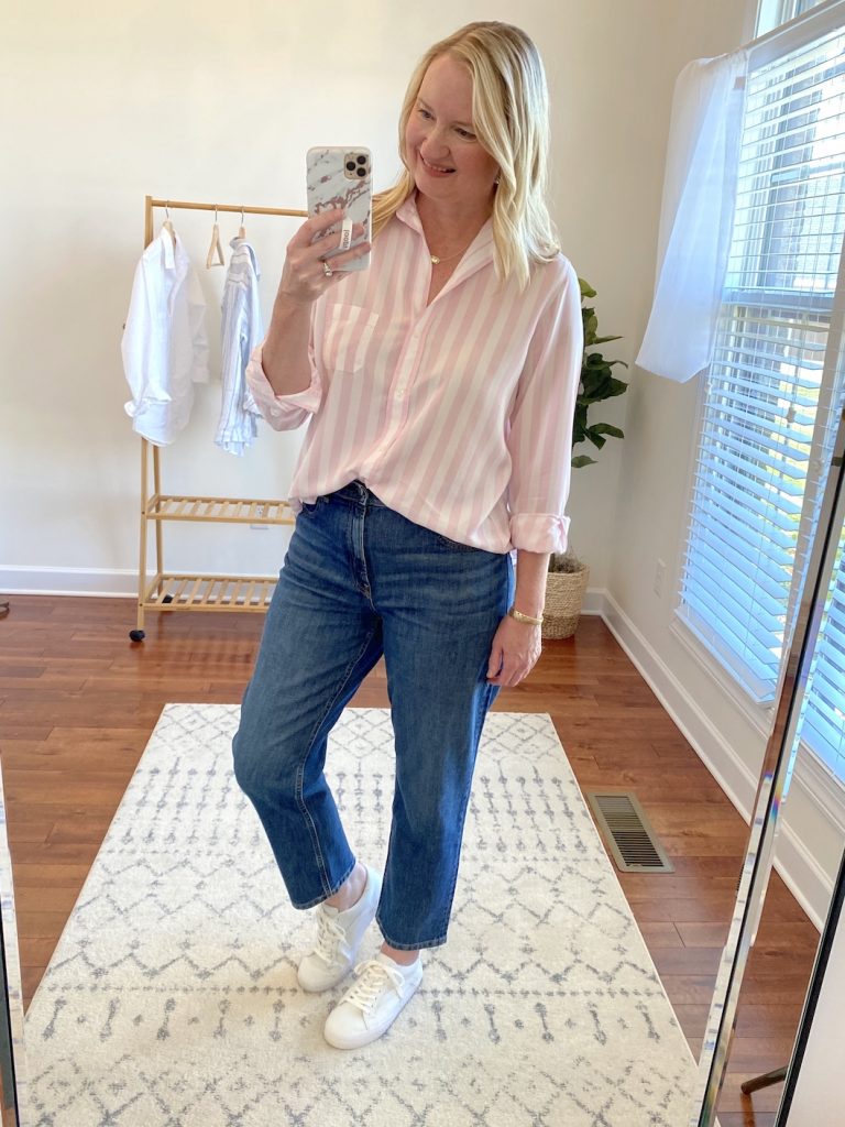 Grayson Shirts Try-On Review - Elizabeth pink stripe full