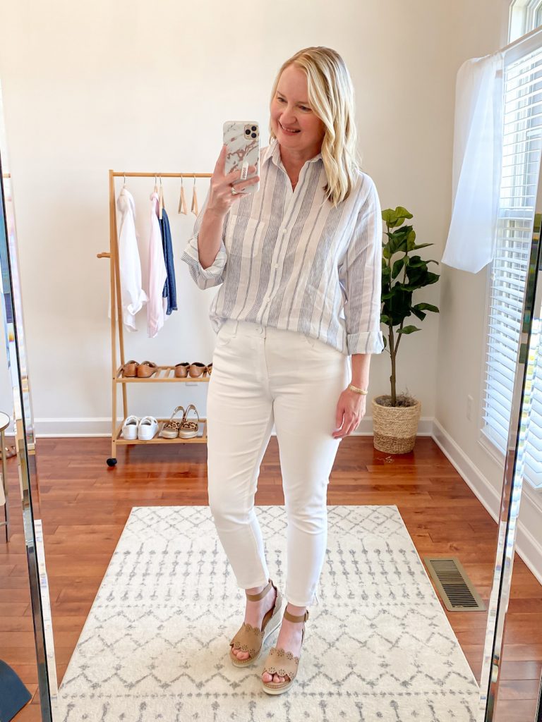 Grayson Shirts Try-On Review - Kristin blue stripe linen full