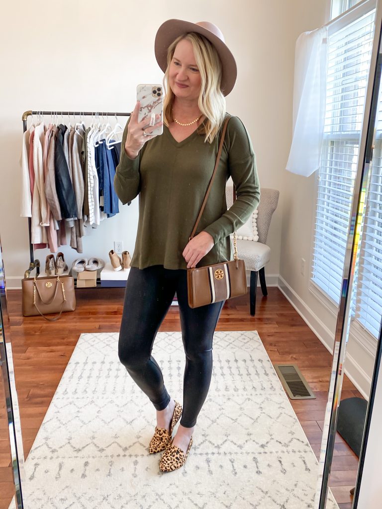 Nordstrom Anniversary Sale 2020 Try-On Round 1 - Gibson cozy olive tunic Spanx leggings Steve Madden leopard loafers wool hat