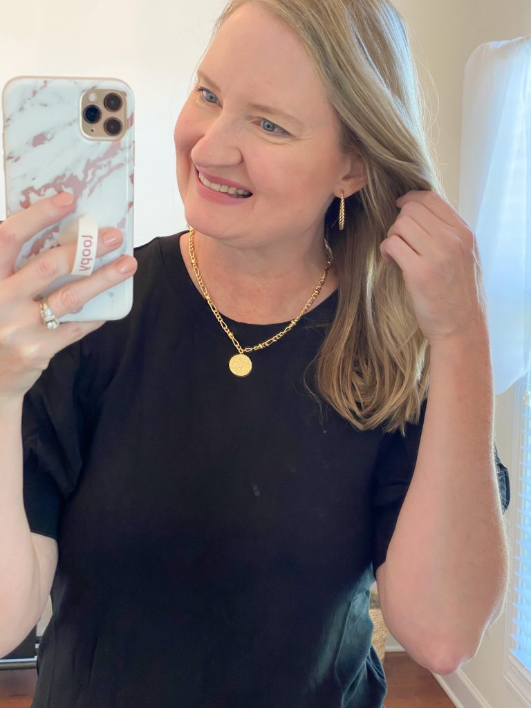 GRAYSON J CREW AMAZON TRY-ON SESSION SEPT 2020 - black puff sleeve tee necklace earrings