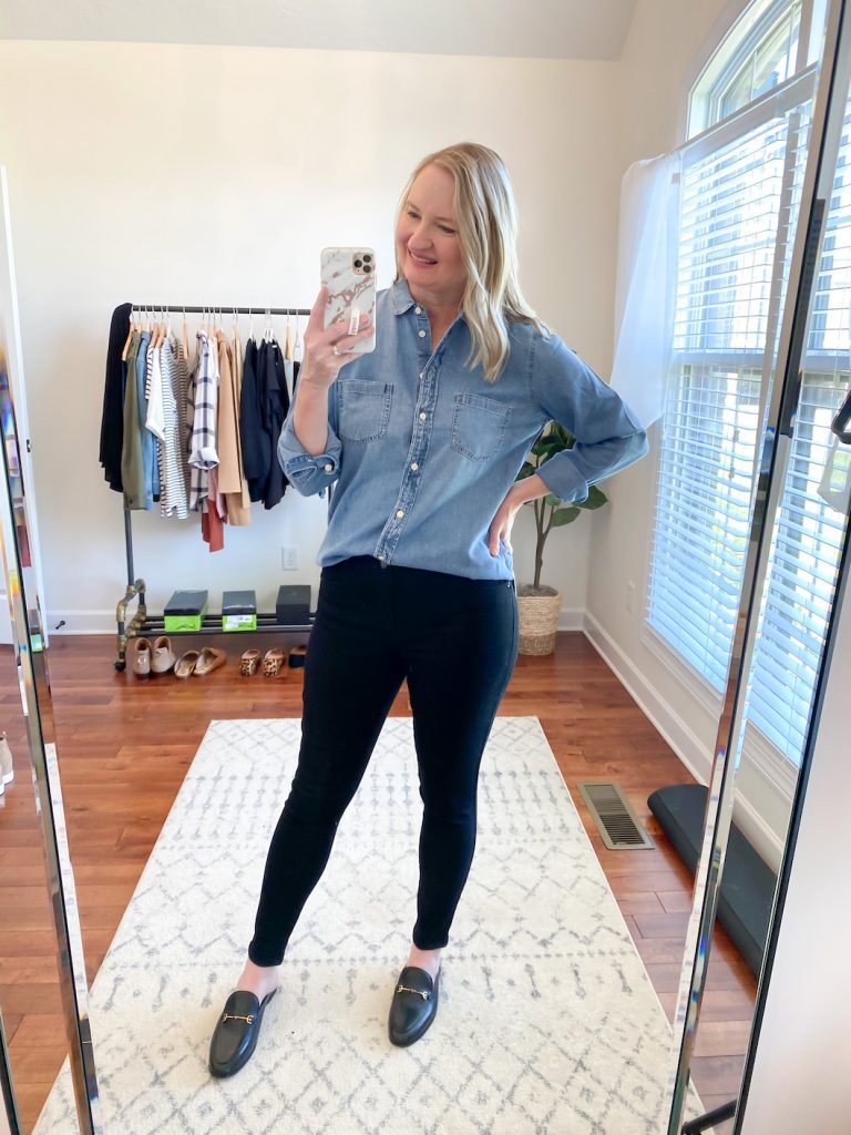 GRAYSON J CREW AMAZON TRY-ON SESSION SEPT 2020 - j crew chambray shirt black jeans mules