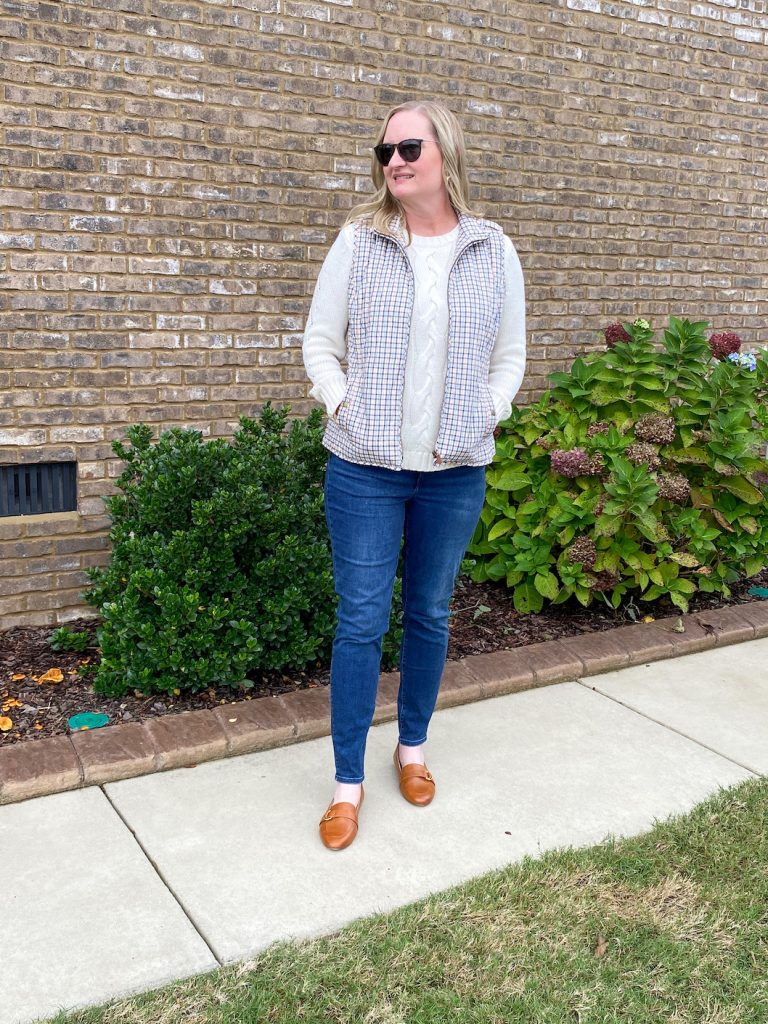 Classy Yet Trendy Wearing Talbots Cableknit Sweater Jeggings Diamond Quilted Vest Loafers Gold Bangle Earrings