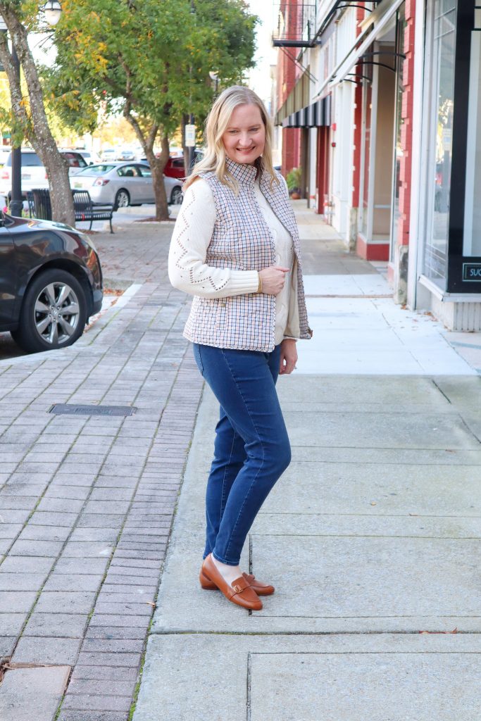 Classy Yet Trendy Wearing Talbots Cableknit Sweater Jeggings Diamond Quilted Vest Loafers Gold Bangle Earrings Broad Street