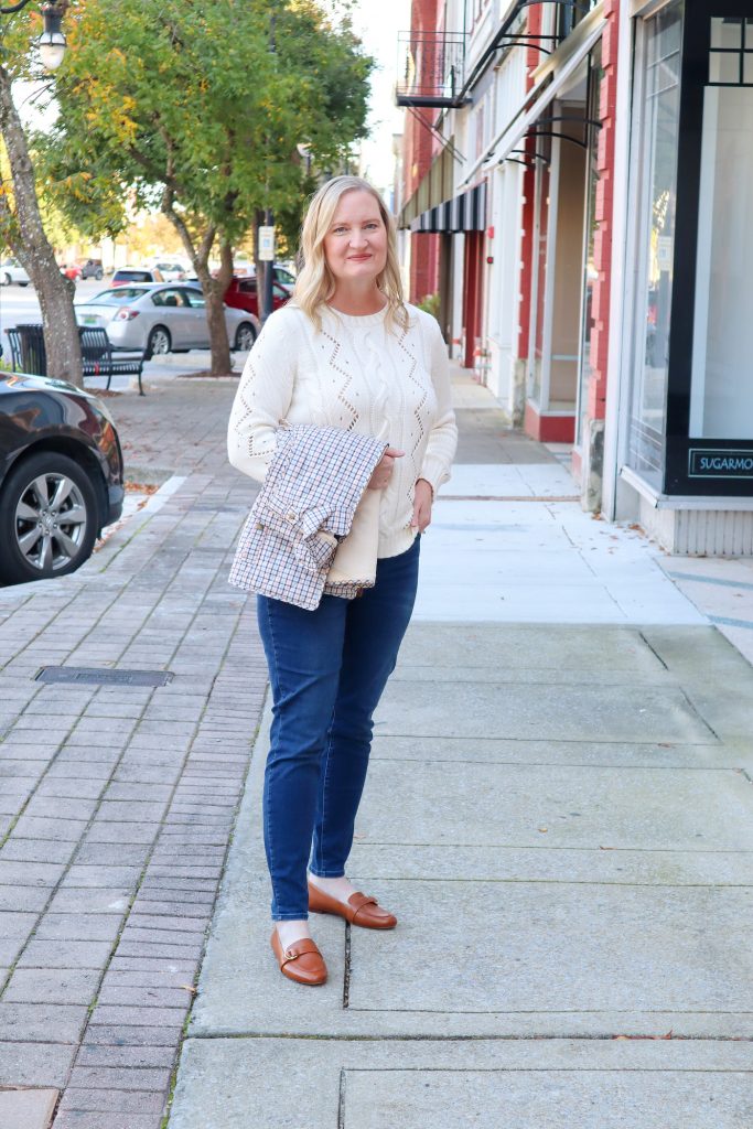 Classy Yet Trendy Wearing Talbots Cableknit Sweater Jeggings Loafers Gold Bangle Earrings Street