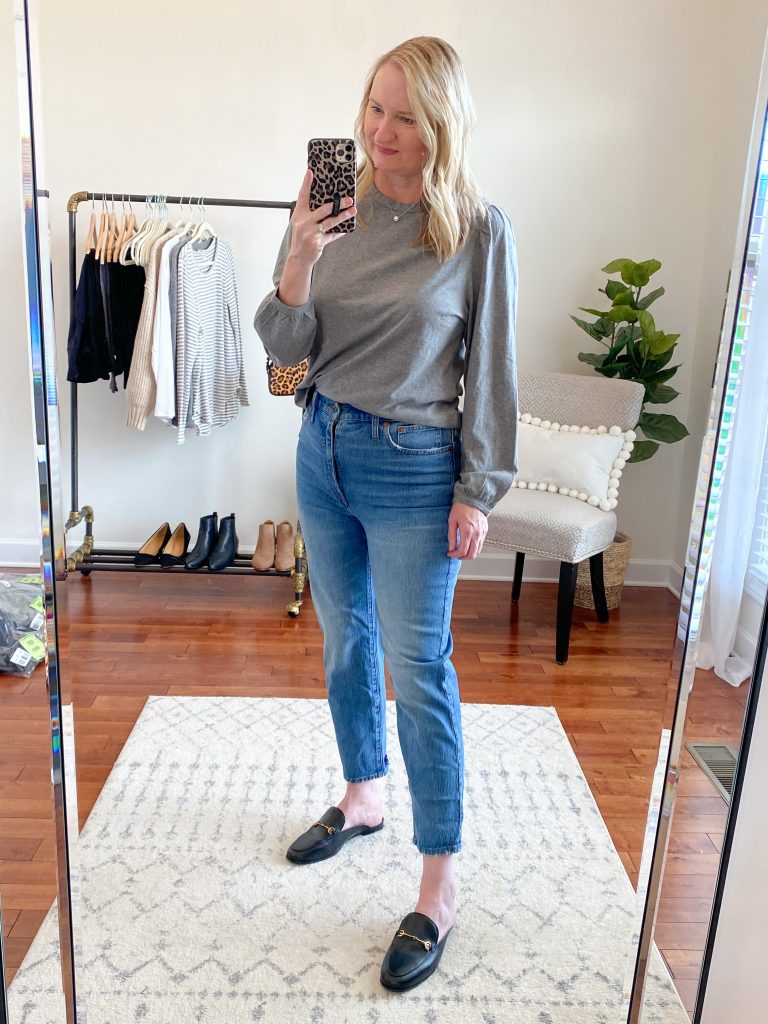 Madewell J Crew Try-On Nov20 - Classic Straight Jeans Puff Sleeve Gray Top