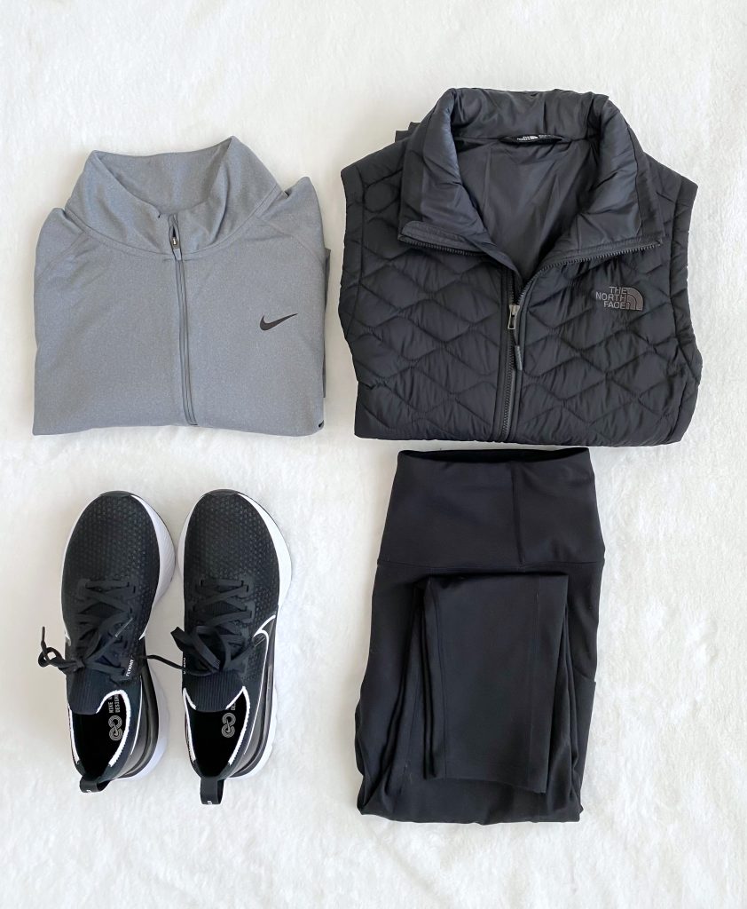 Simplified Style Athleisure Capsule Wardrobe - flatlay vest pullover leggings sneakers