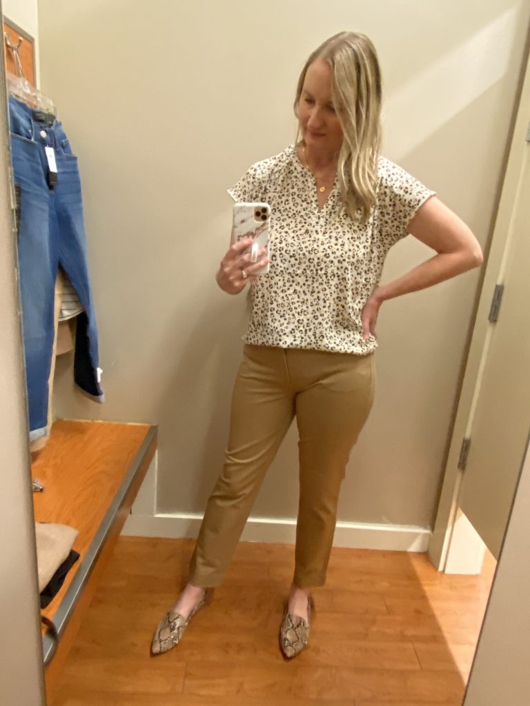 Try-On Session February 2021 - Banana Republic Factory leopard top camel pants