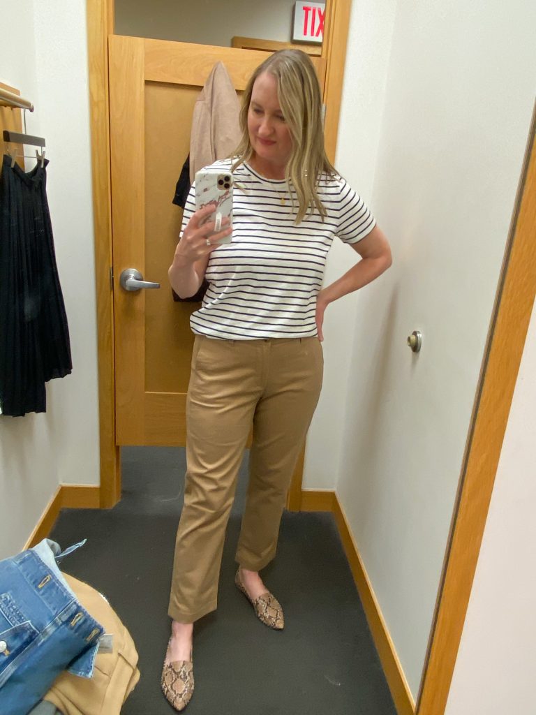 Try-On Session February 2021 - J Crew Factory striped tee tucked chinos pants