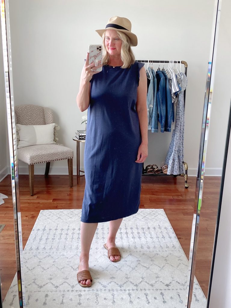Old Navy Target Loft Try-On Apr 2021 - old navy blue ruffle dress madewell packable fedora hat liane sandals