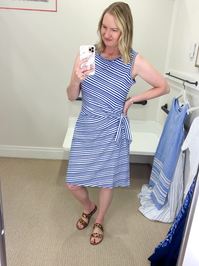 Talbots Try-On Reviews June2021 - blue striped tie waist dress