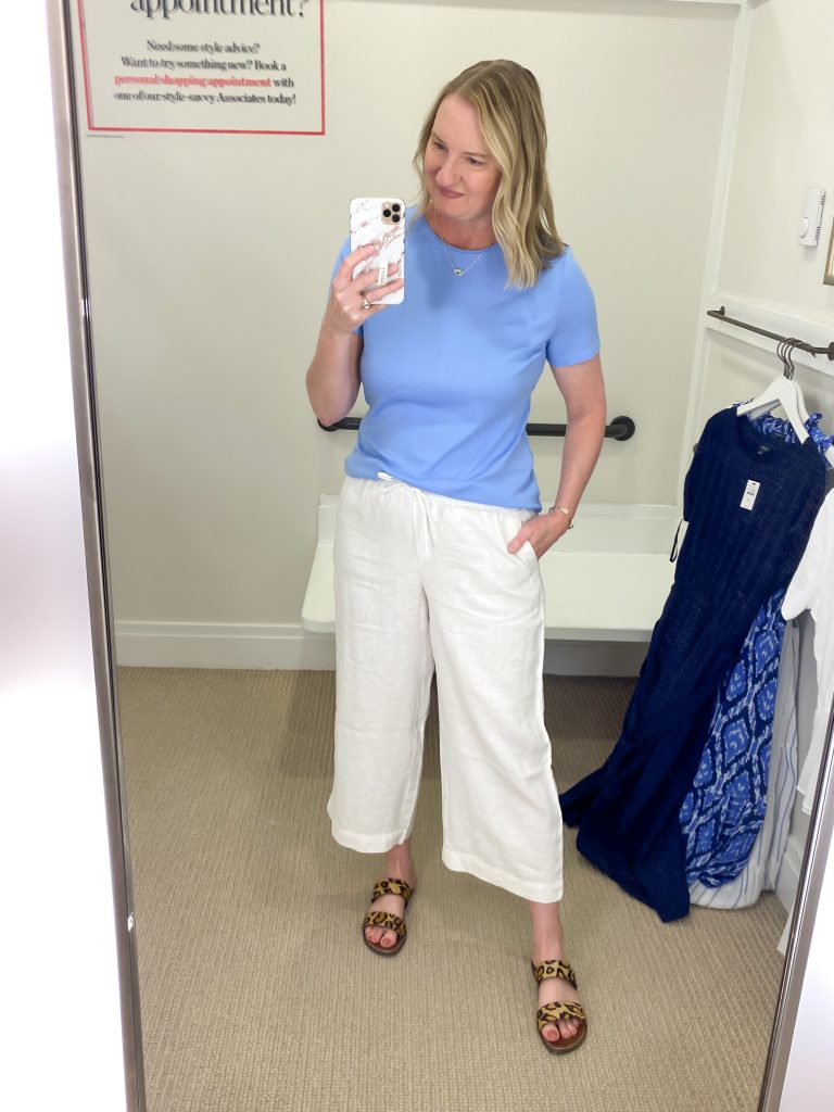 Talbots Try-On Reviews June2021 - blue tee white tie waist pants