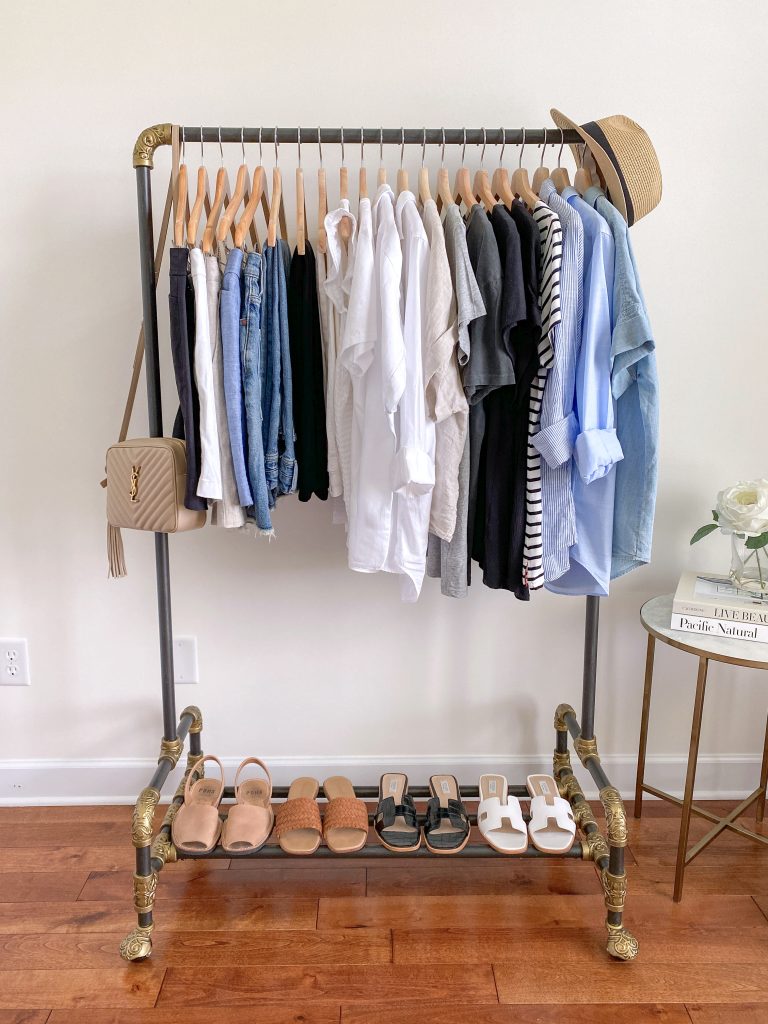 My 25 Piece Summer 2021 Neutral Capsule Wardrobe - clothes rack front with accessories