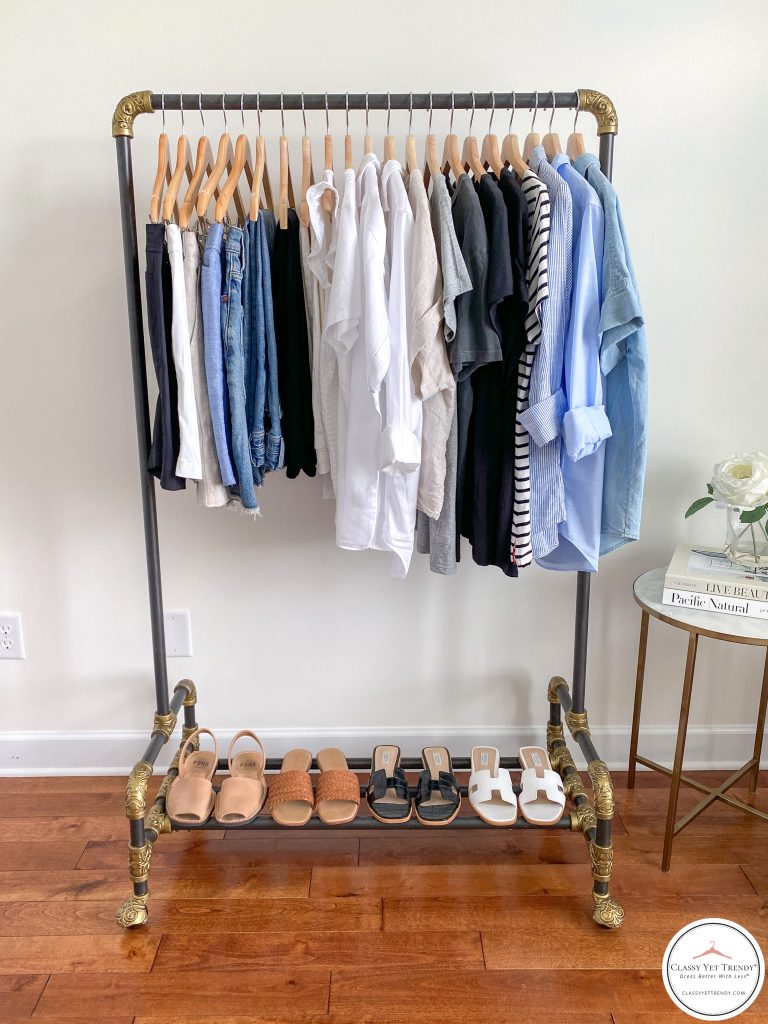 My 25 Piece Summer 2021 Neutral Capsule Wardrobe - front clothes and shoes