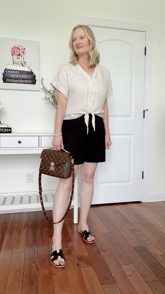 Outfits Diary What I Wore July 26 - beige linen top black shorts