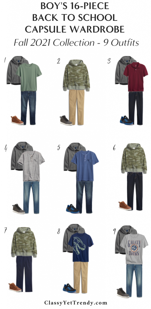 Boys Back To School Capsule Wardrobe Fall 2021 - 9 Outfits clothes shoes