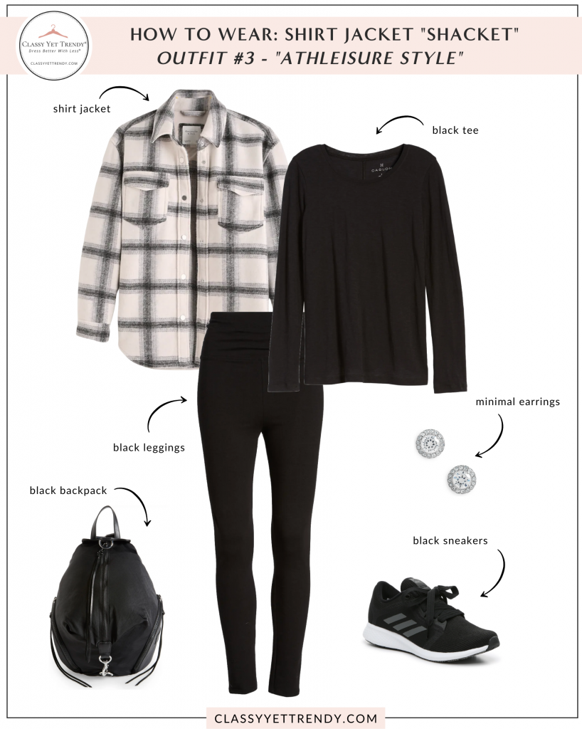 How To Wear - Shirt Jacket Shacket Outfit - athleisure tee leggings sneakers