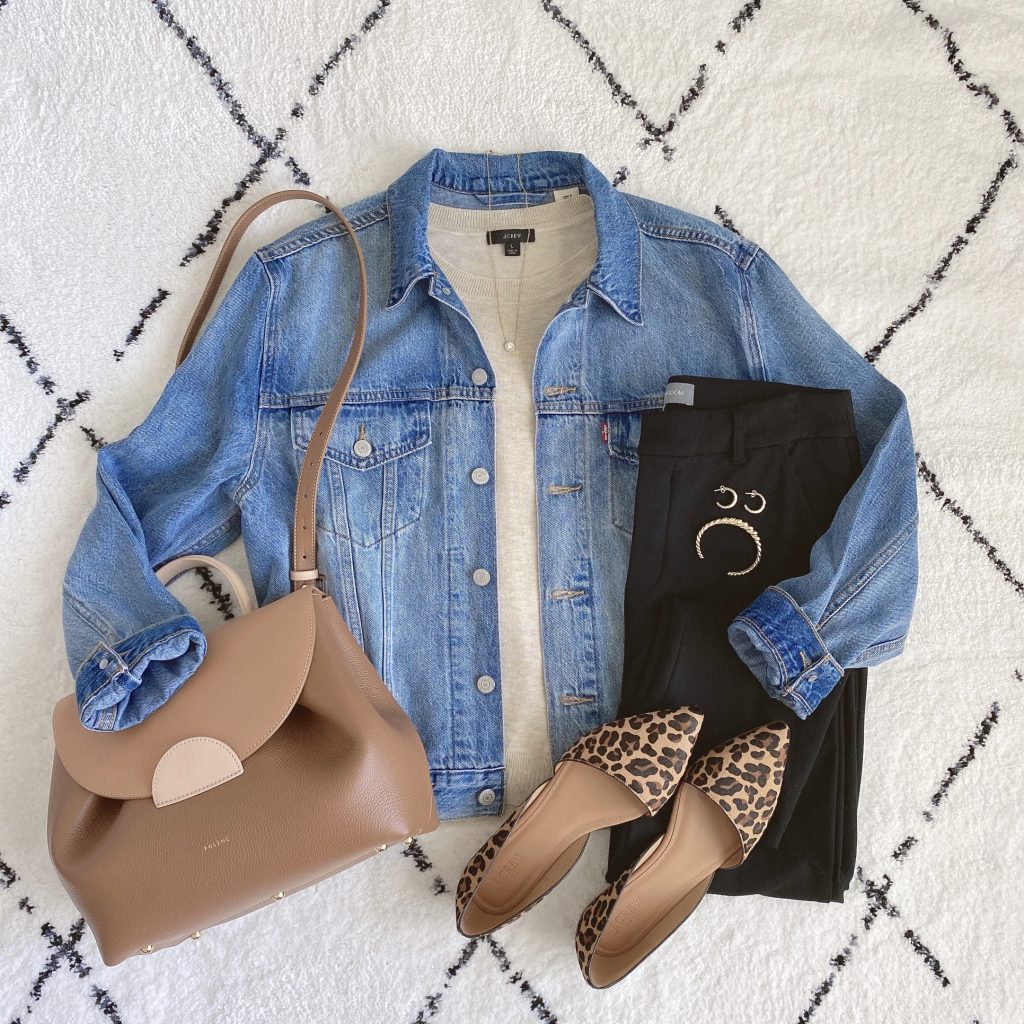 Instagram Lately September 2021 - J Crew short sleeve sweater black jeans Levis denim jacket Polene bag leopard flats