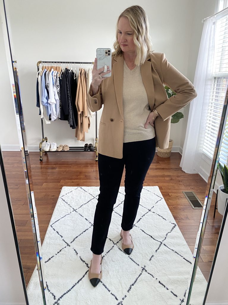 Instagram Lately September 2021 - Lilysilk sweater tan blazer black jeans cap toe flats