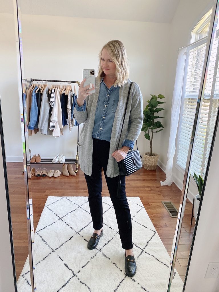 Instagram Lately September 2021 - chambray shirt gray cardigan black jeans Gucci loafers