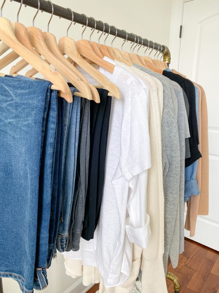 My 29-Piece Neutral Fall 2021 Capsule Wardrobe - clothes rack side closeup