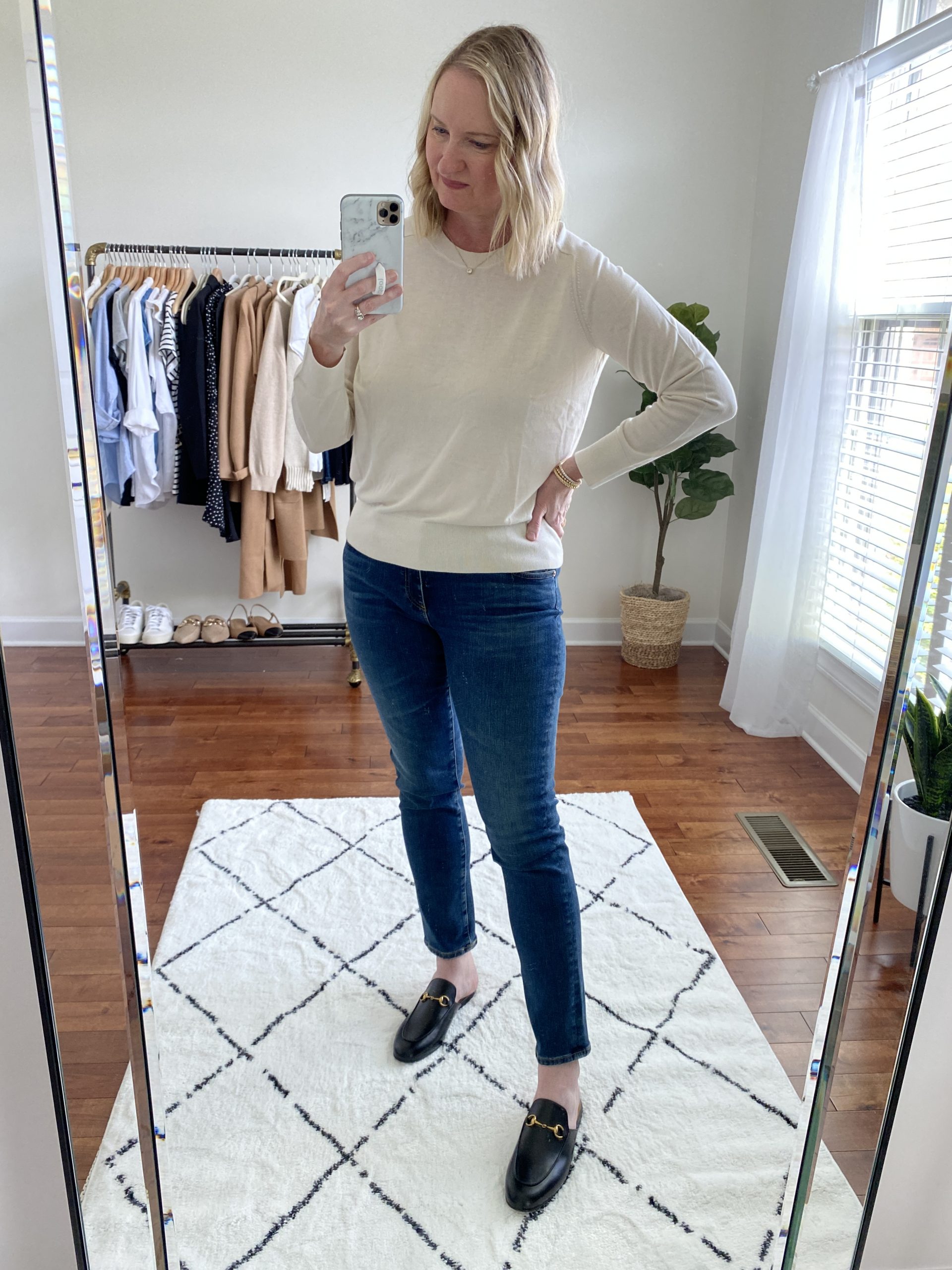 Try On Session September 2021 Banana Republic Sweater AG Cigarette Blue Jeans Gucci Princetown Mules scaled