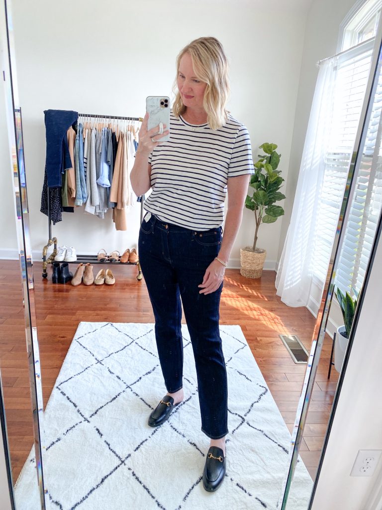 Try-On Session September 2021 - J Crew Slim Straight Jeans Factory Striped Tee Gucci Princetown Mules