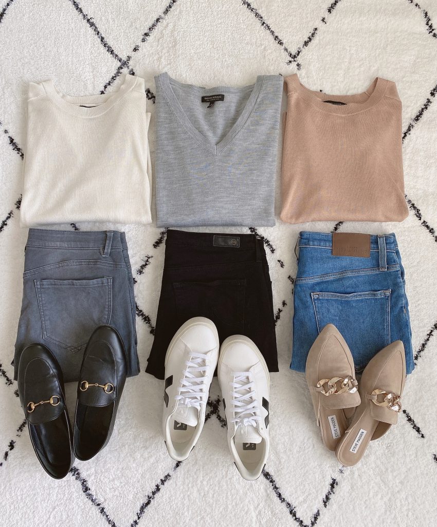 Outfits Diary Instagram October 2021 - 3 tops 3 bottoms 3 shoes flatlay