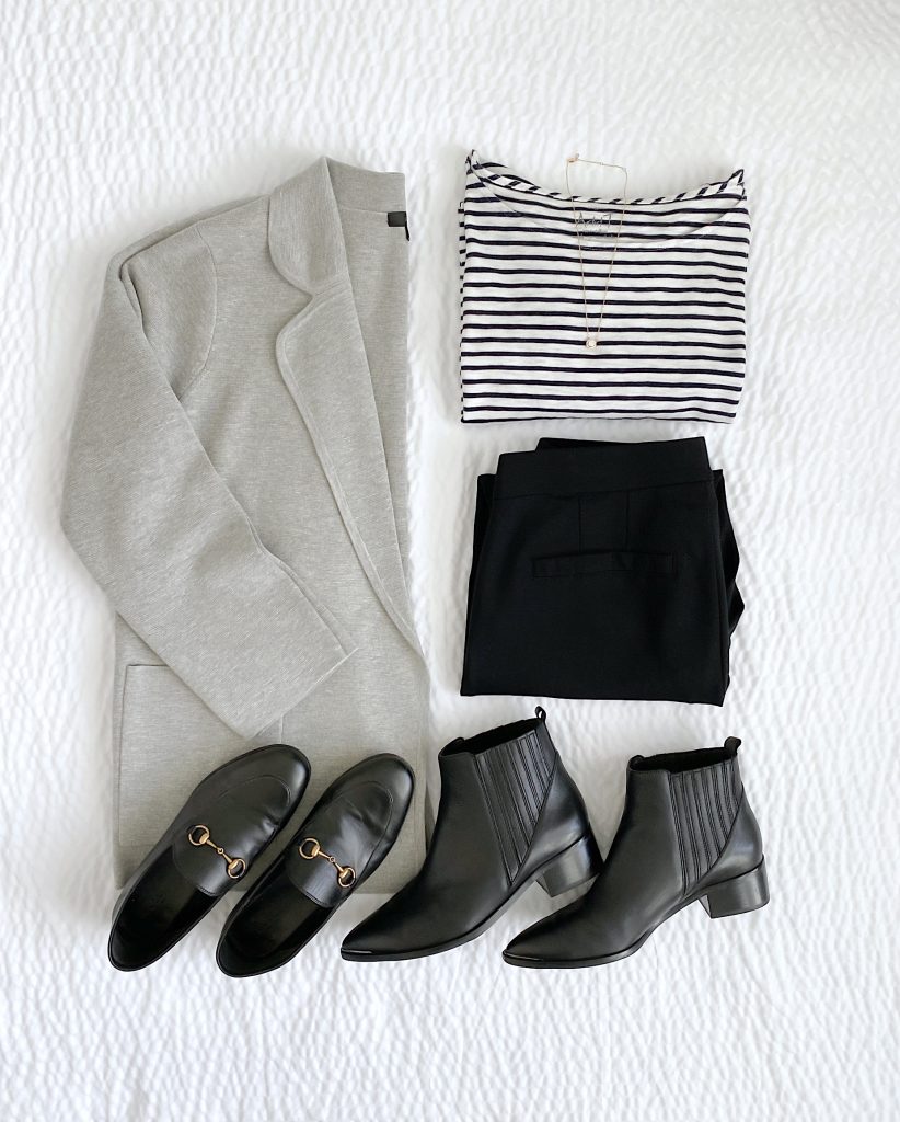 Outfits Diary Instagram October 2021 - J Crew Factory striped tee Wit Wisdom black pants J Crew sweater blazer black boots Gucci loafers