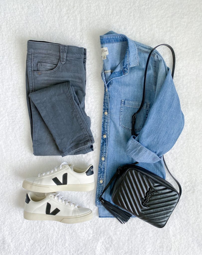 Outfits Diary Instagram October 2021 - flatlay chambray shirt gray jeans veja sneakers ysl lou crossbody