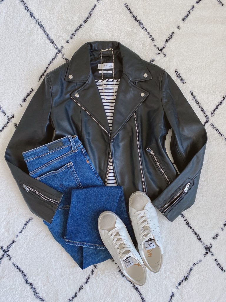 Outfits Diary Instagram October 2021 - mango leather jacket striped tee jeans sam edelman sneakers
