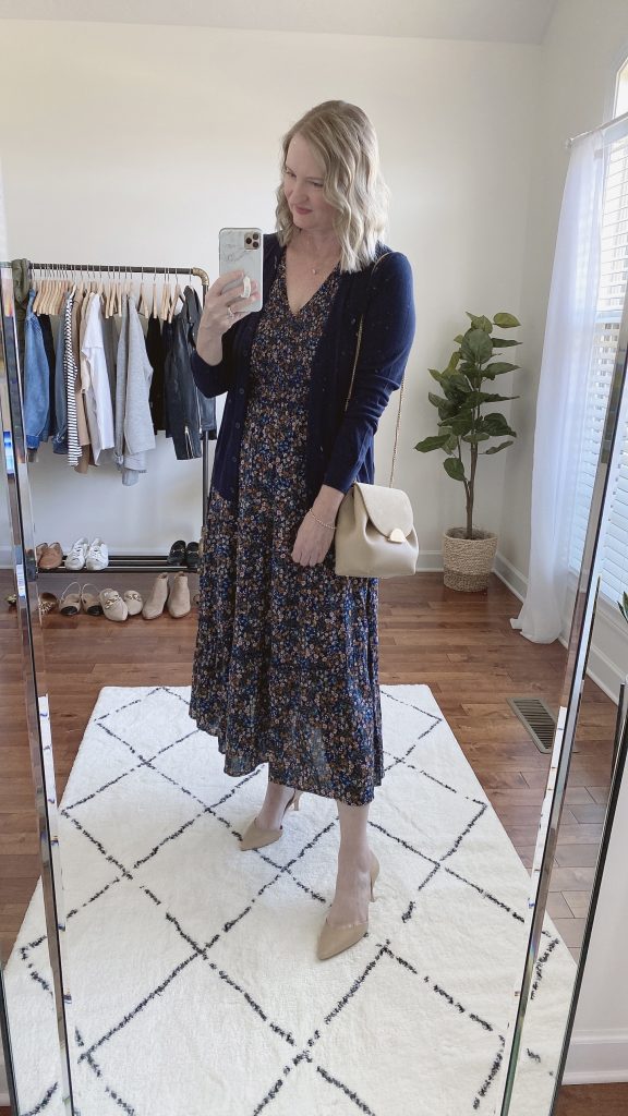Outfits Diary Instagram October 2021 - navy floral dress navy cardigan